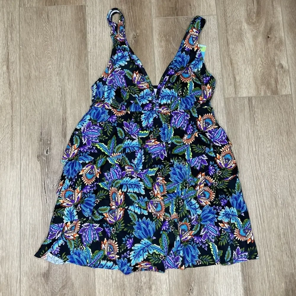 Swim Solutions Women's Floral Boho Play V-Neck Multi Ruffle Swim Dress sz 8
